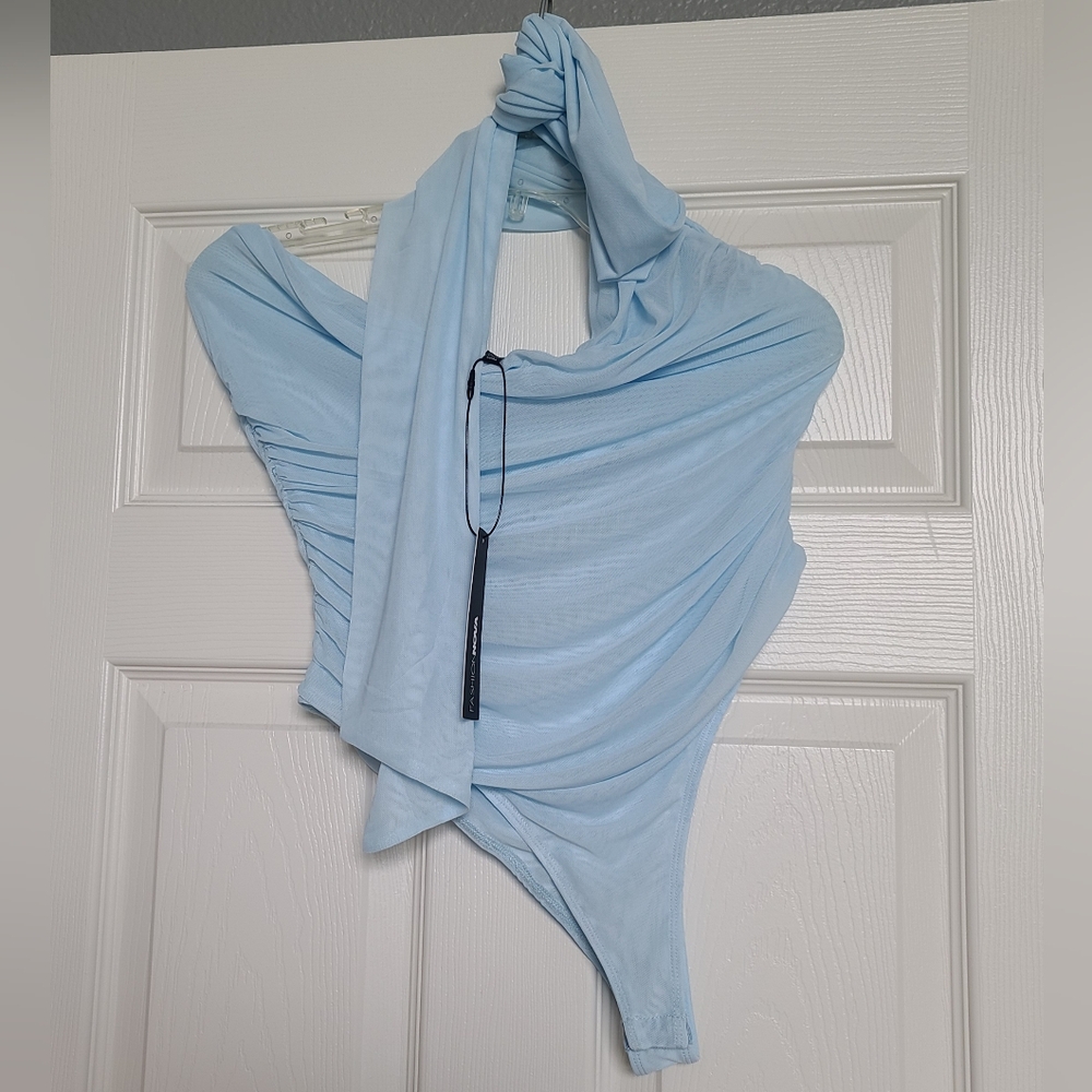 Fashion Nova Sky Blue Mesh Bodysuit